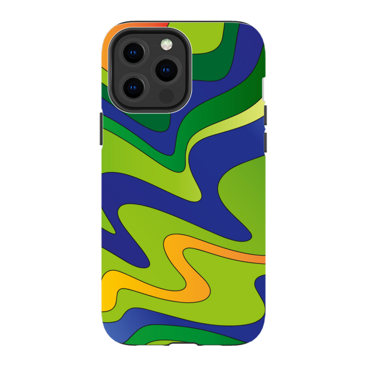 iPhone tough case with a vibrant blue, green, and orange wavy abstract pattern and dual-layer protective design.