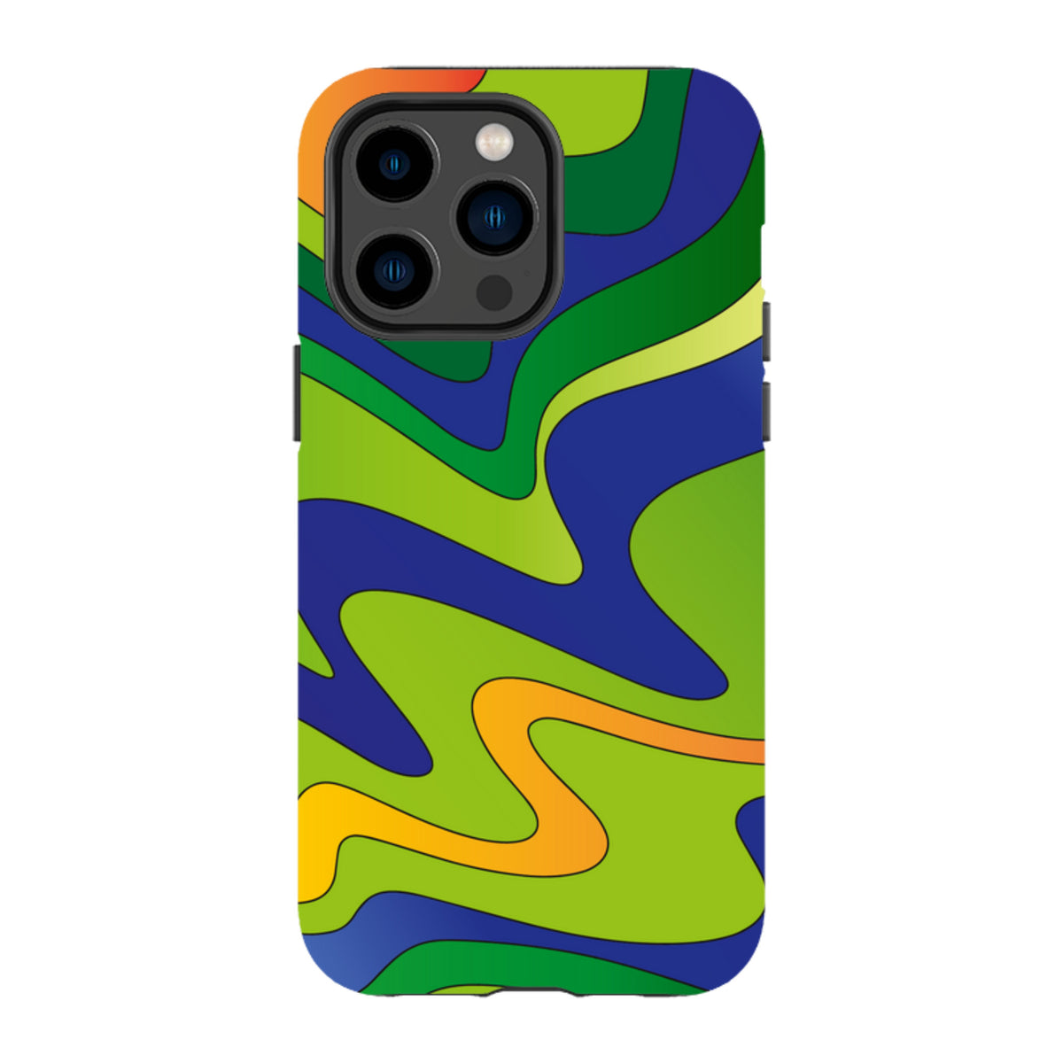 iPhone tough case featuring a vibrant, wavy abstract pattern in shades of blue, lime green, and orange.