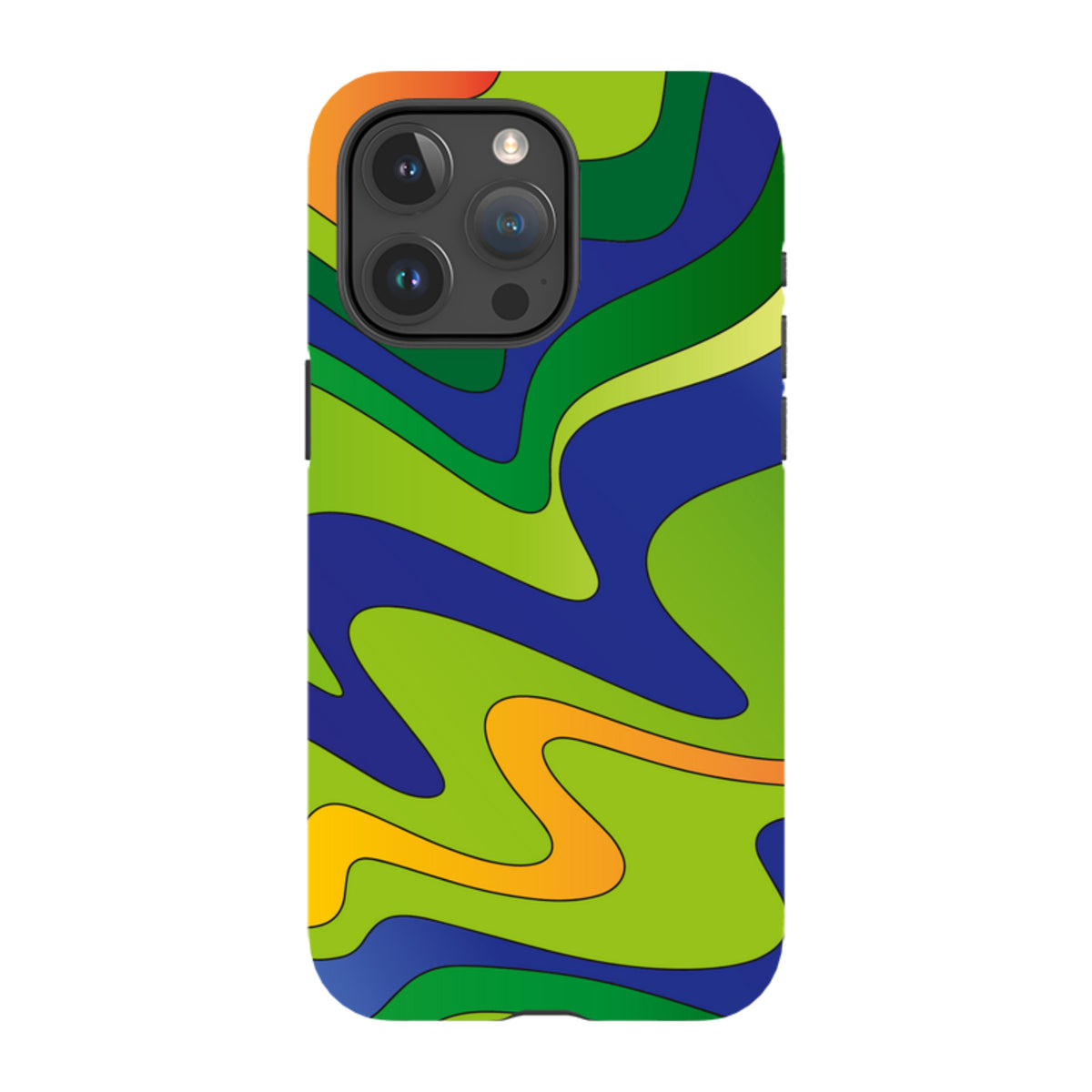 iPhone tough case featuring a vibrant, wavy abstract pattern in shades of blue, lime green, and orange.