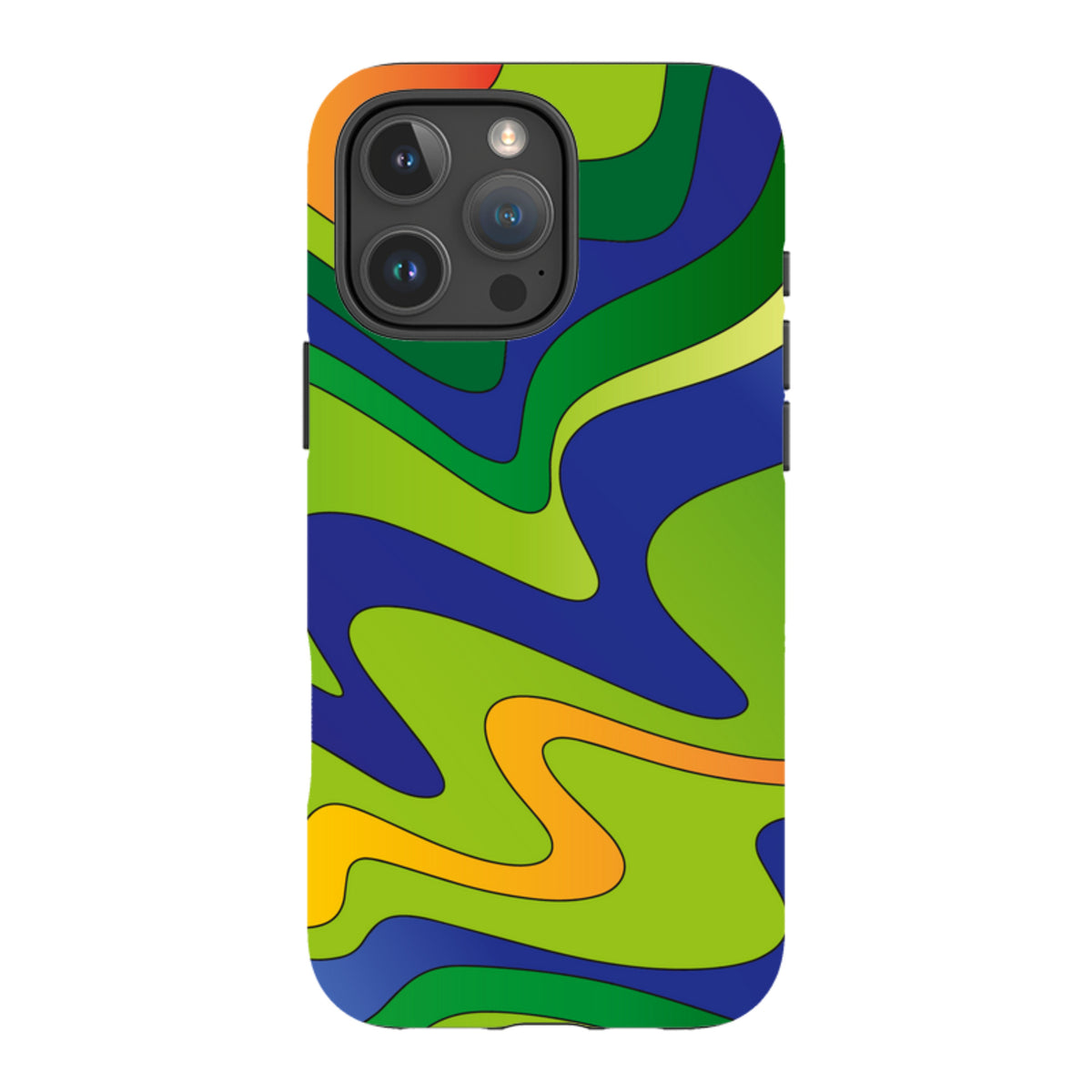 iPhone tough case featuring a vibrant, wavy abstract pattern in blue, lime green, and orange with a protective camera cutout.
