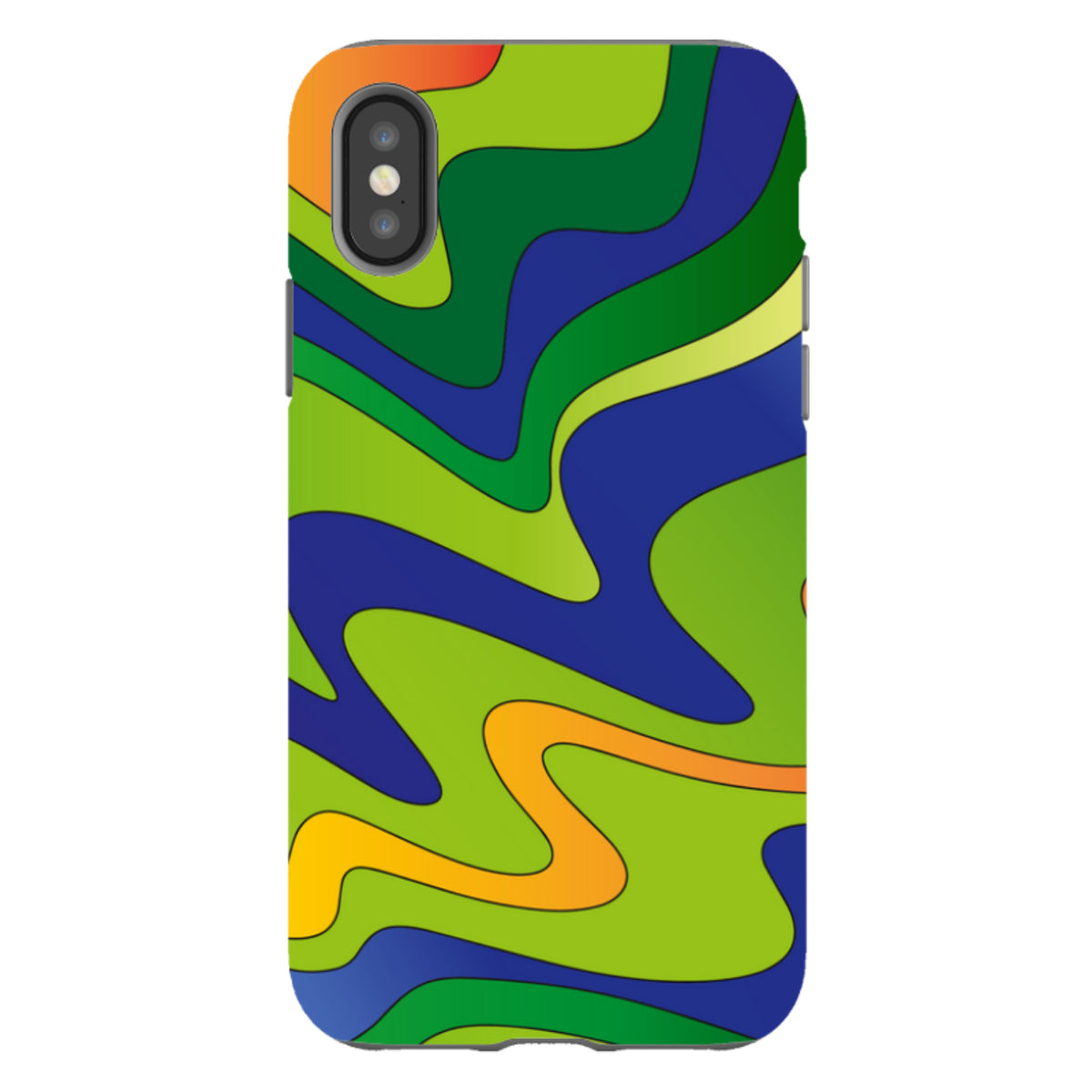 iPhone Tough Case featuring a vibrant, wavy abstract pattern in shades of blue, green, yellow, and orange.