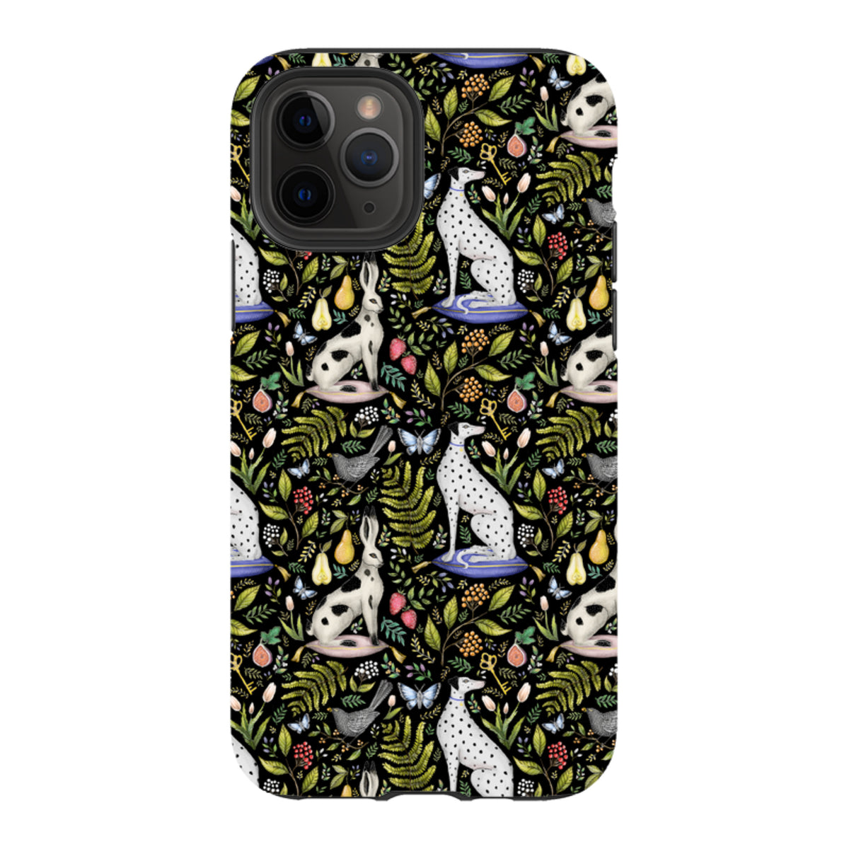 iPhone tough case featuring a black Palace Gardens floral print with dalmatians, hares, and butterflies.