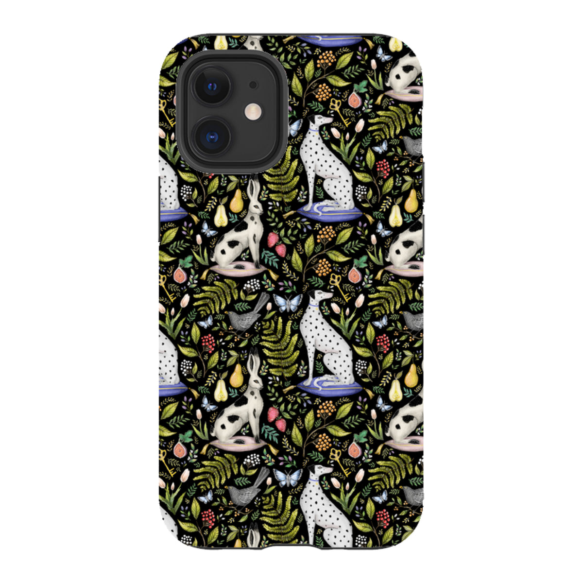 iPhone tough case featuring Catherine Rowe’s Palace Gardens print with dalmatians, hares, and botanical motifs on black.