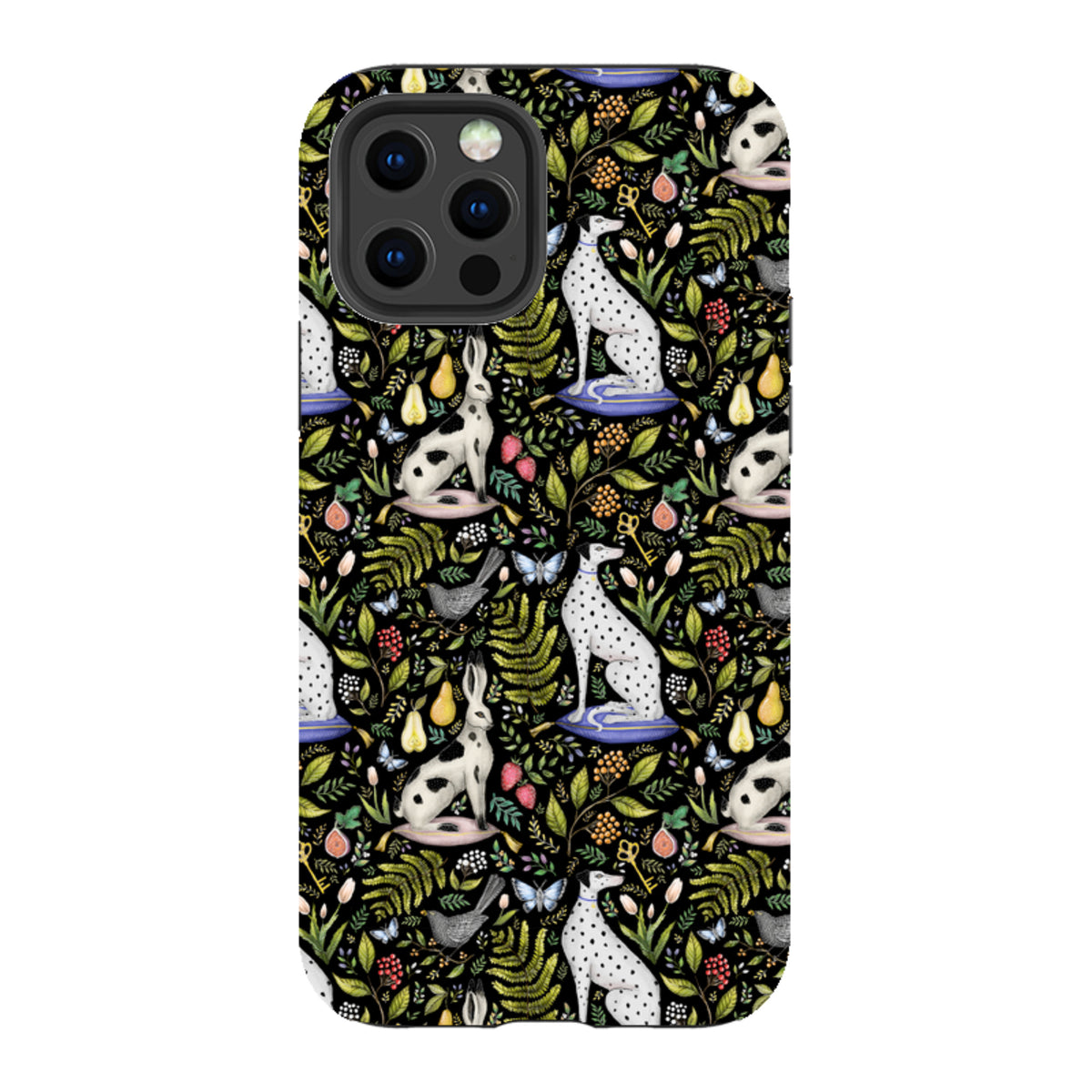 iPhone tough case featuring Catherine Rowe’s Palace Gardens print with dalmatians, rabbits, and botanical motifs on black.