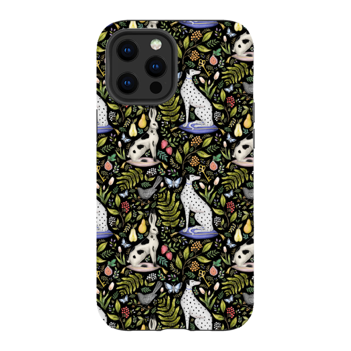 iPhone Tough Case featuring Catherine Rowe's Palace Gardens print with dalmatians, hares, and botanical motifs on black.