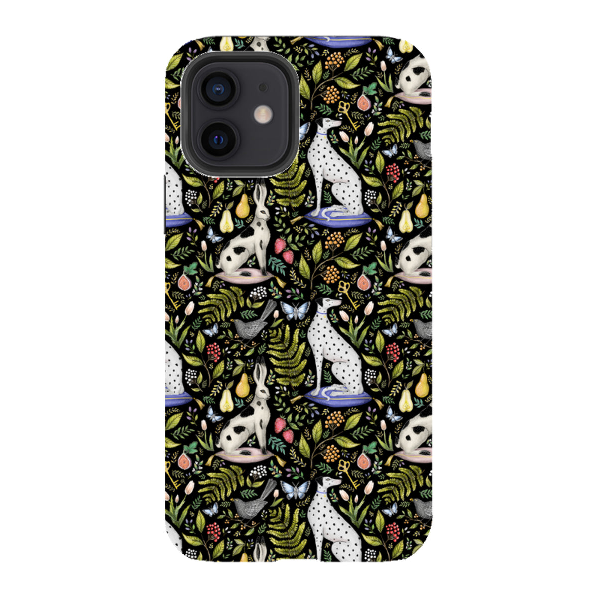 iPhone tough case featuring Catherine Rowe’s Palace Gardens print with dalmatians, rabbits, and foliage on black.