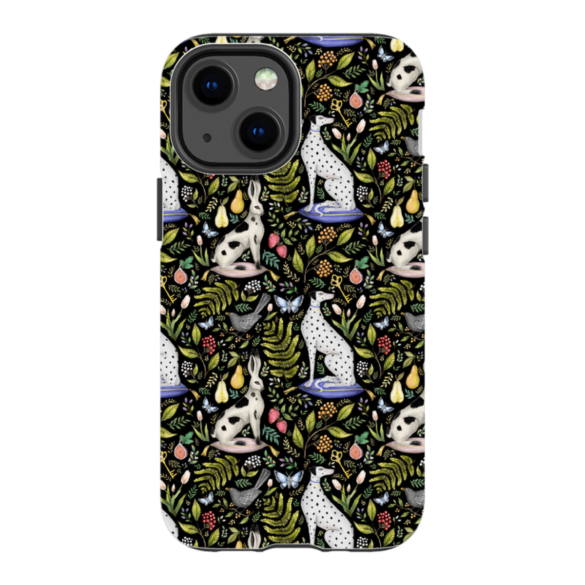 iPhone tough case featuring Catherine Rowe's black Palace Gardens print with rabbits, dalmatians, and botanical motifs.
