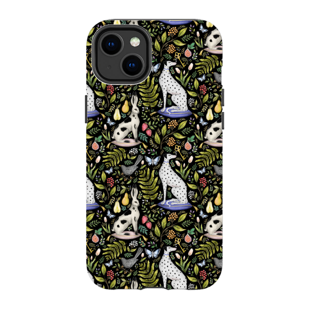 iPhone Tough Case featuring Catherine Rowe’s Palace Gardens print with dalmatians, rabbits, and foliage on a black background.