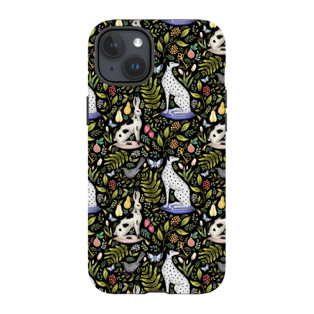 iPhone tough case featuring Catherine Rowe’s Palace Gardens print with spotted dogs, hares, and botanical motifs on black.