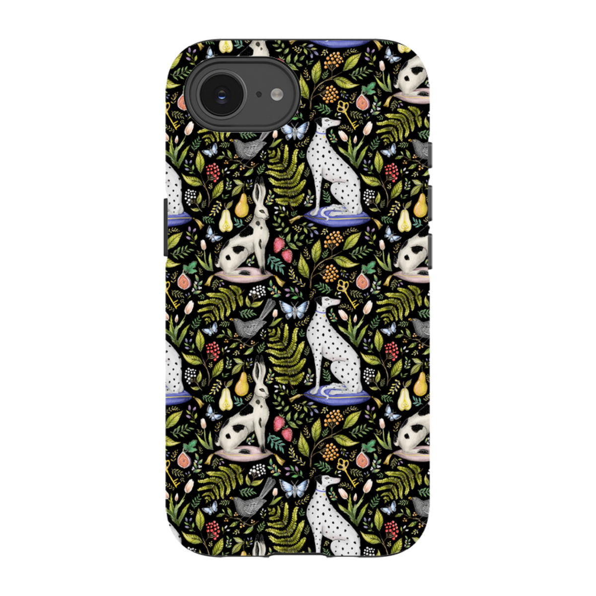 iPhone tough case featuring Catherine Rowe's Palace Gardens print with spotted dogs, hares, and foliage on black.