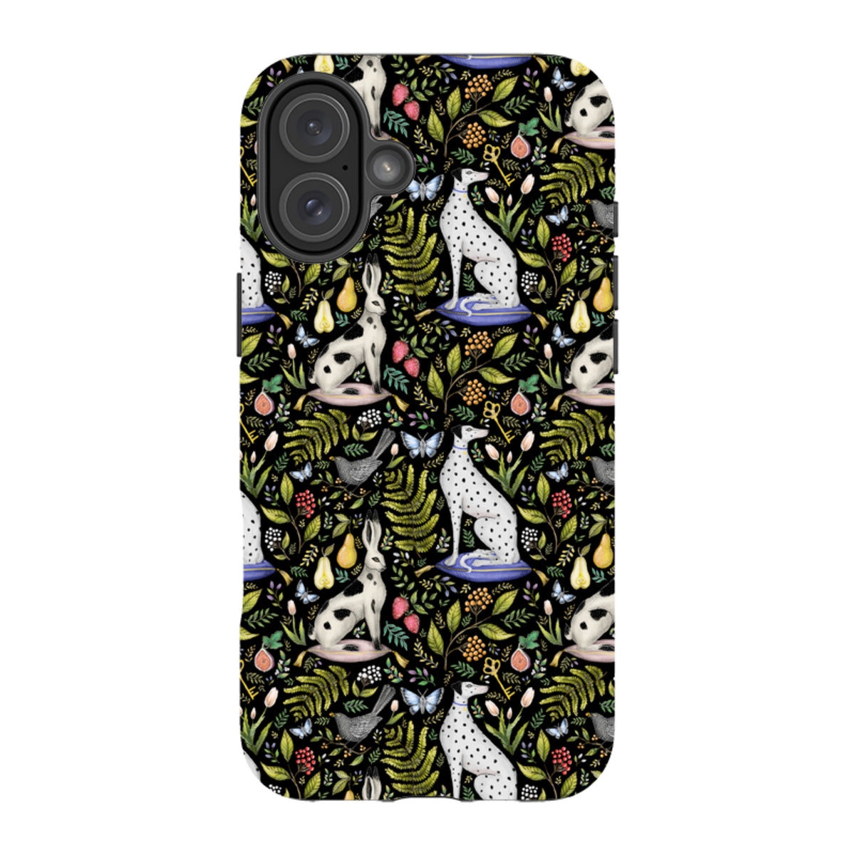 iPhone tough case with a black botanical pattern featuring white spotted dogs, rabbits, ferns, and butterflies.