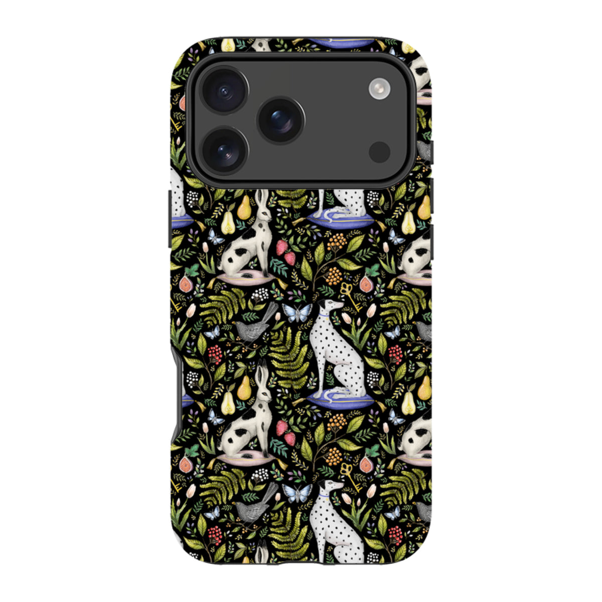iPhone tough case with Palace Gardens botanical print featuring rabbits, dalmatians, and foliage on a black background.
