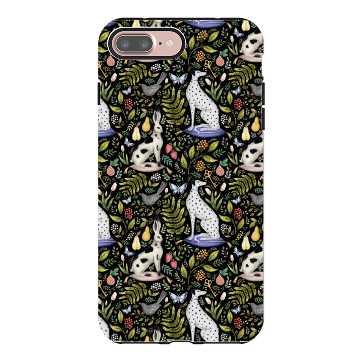 iPhone tough case with Palace Gardens floral print, featuring white spotted dogs and rabbits on a black background.