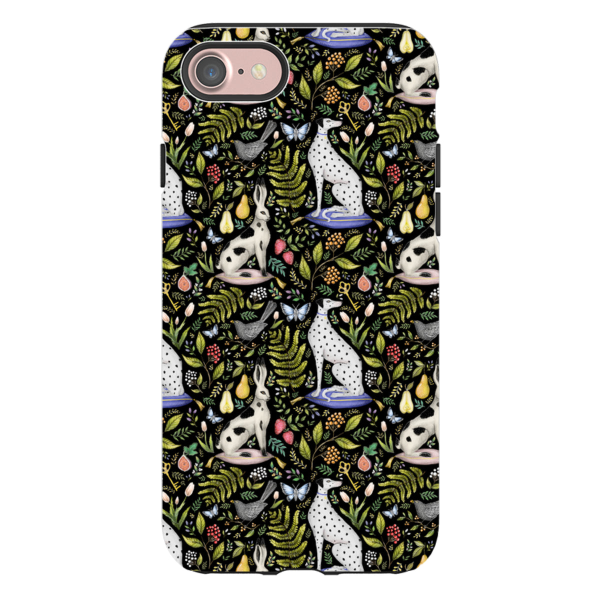 iPhone tough case with Palace Gardens floral pattern featuring dalmatians, rabbits, and butterflies on black.