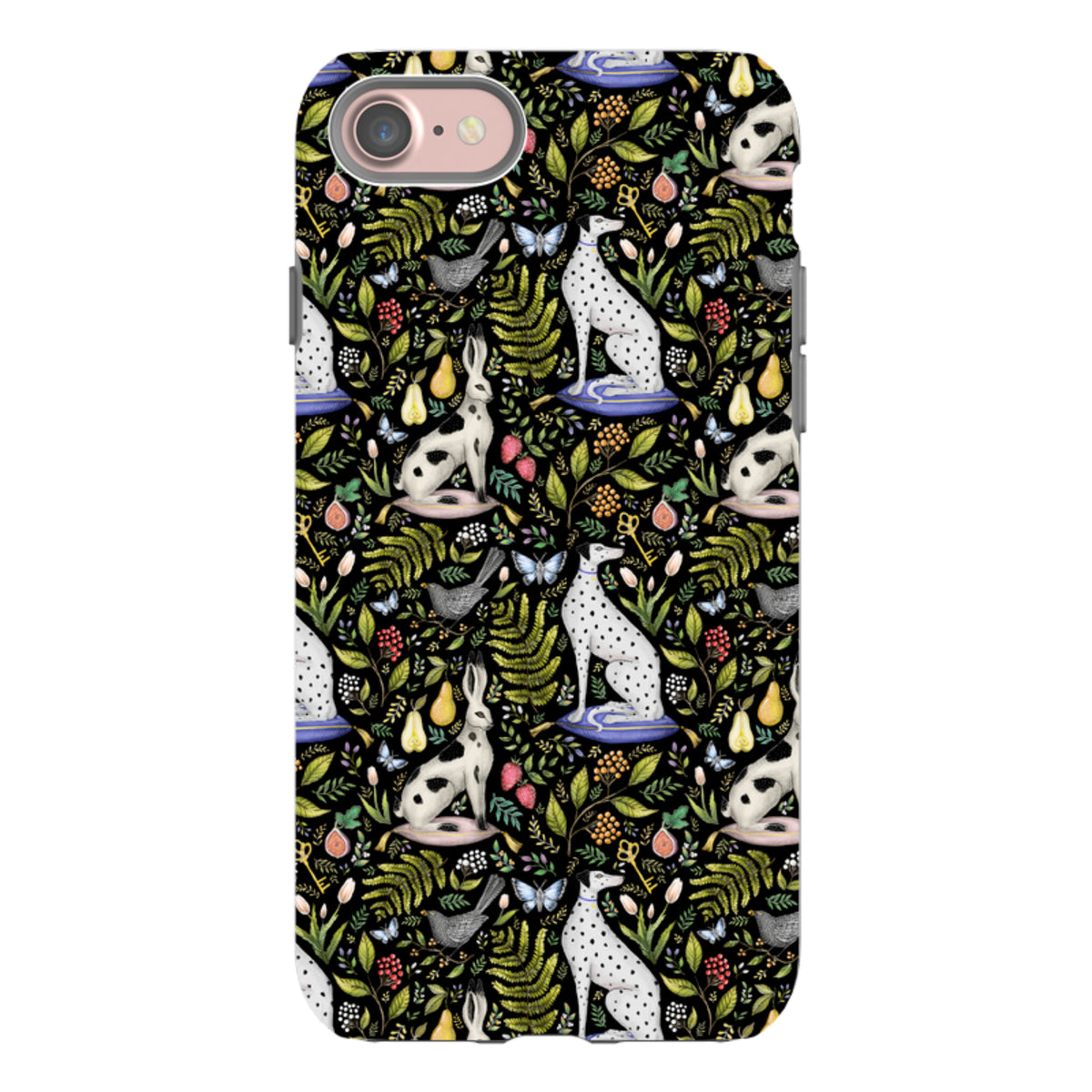 iPhone tough case featuring Catherine Rowe’s Palace Gardens print with dalmatians, rabbits, and botanical motifs on black.