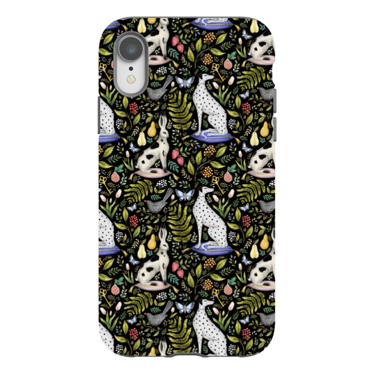 iPhone tough case featuring a black Palace Gardens floral print with spotted dogs, rabbits, and butterflies.