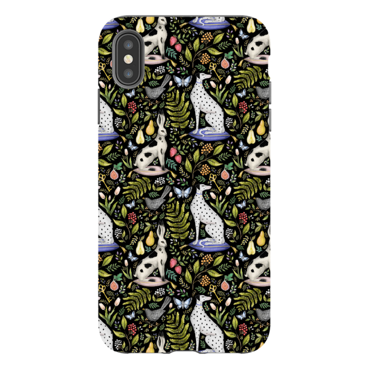 iPhone tough case featuring Catherine Rowe’s Palace Gardens print with dalmatians, rabbits, and botanical motifs on black.