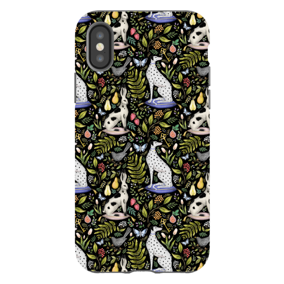 iPhone tough case with a black background featuring a Catherine Rowe garden pattern of dalmatians, hares, and foliage.