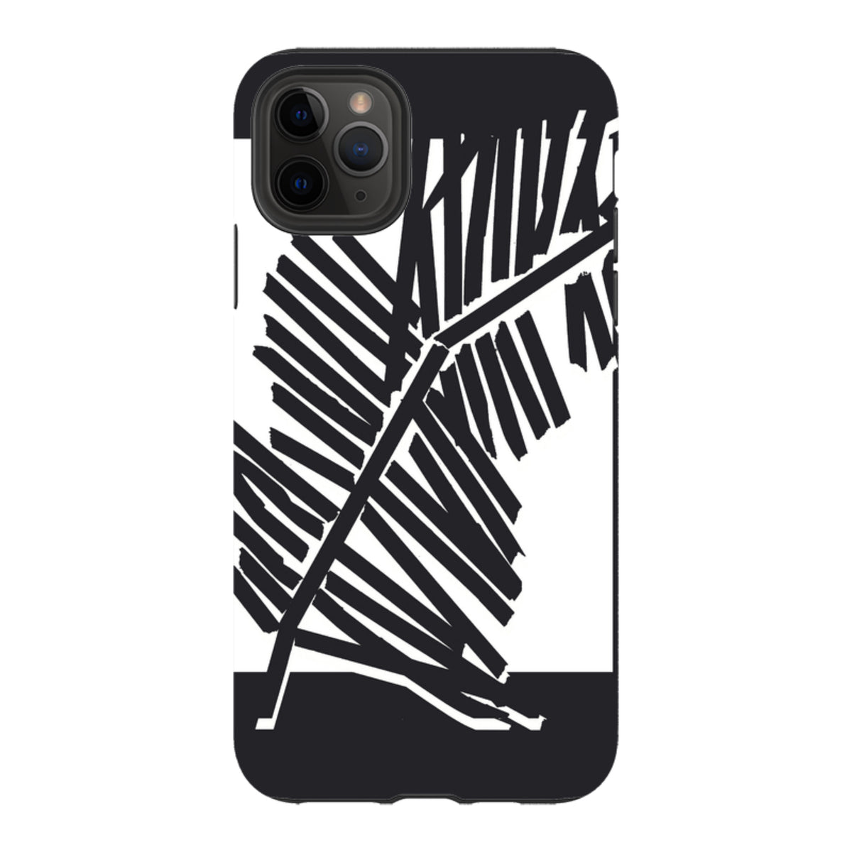 iPhone tough case featuring a black and white Palm Moon silhouette design with a durable dual-layer protective shell.