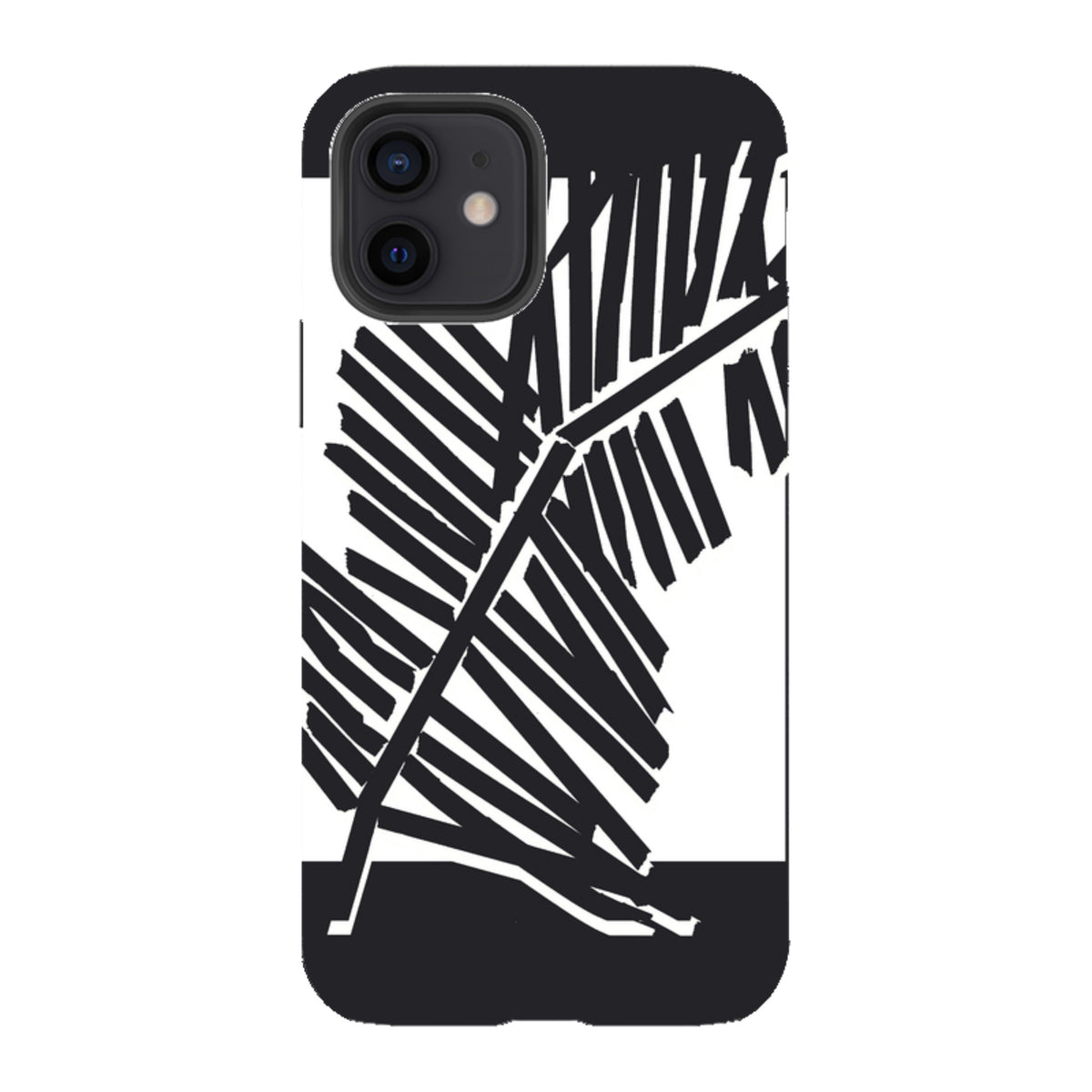 iPhone tough case featuring a black and white palm moon silhouette design with a dual-layer protective shell.