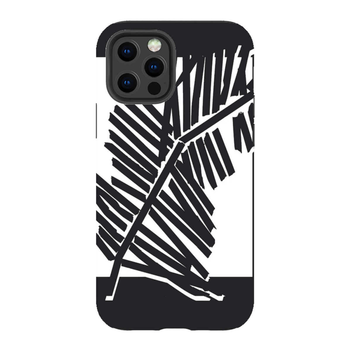 Dual-layer iPhone tough case featuring a bold black and white palm leaf silhouette design by Kitty Joseph.
