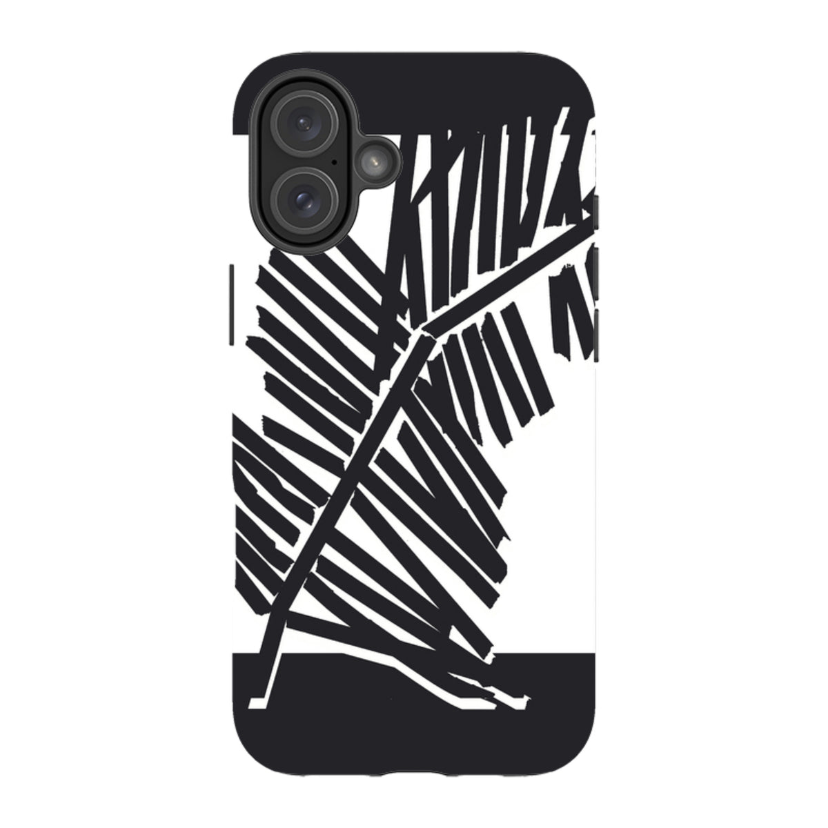 iPhone tough case featuring a black and white palm leaf silhouette design with dual-layer protective construction.