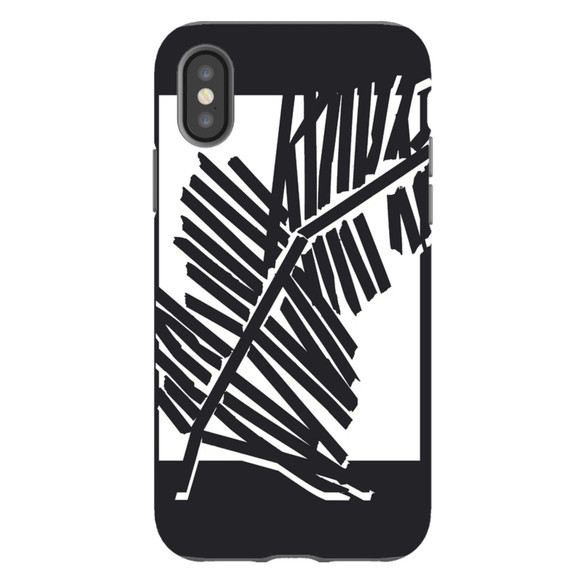 iPhone tough case featuring a black and white palm moon silhouette design with dual-layer protection and precise cutouts.
