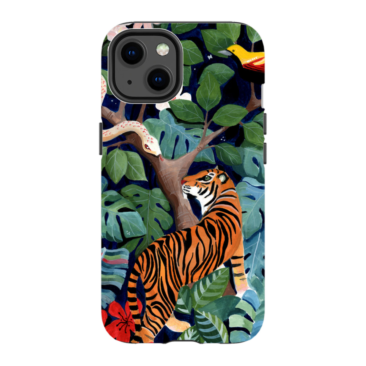 Dual-layer iPhone tough case featuring a vibrant jungle scene with a tiger, snake, and tropical foliage by Bex Parkin.