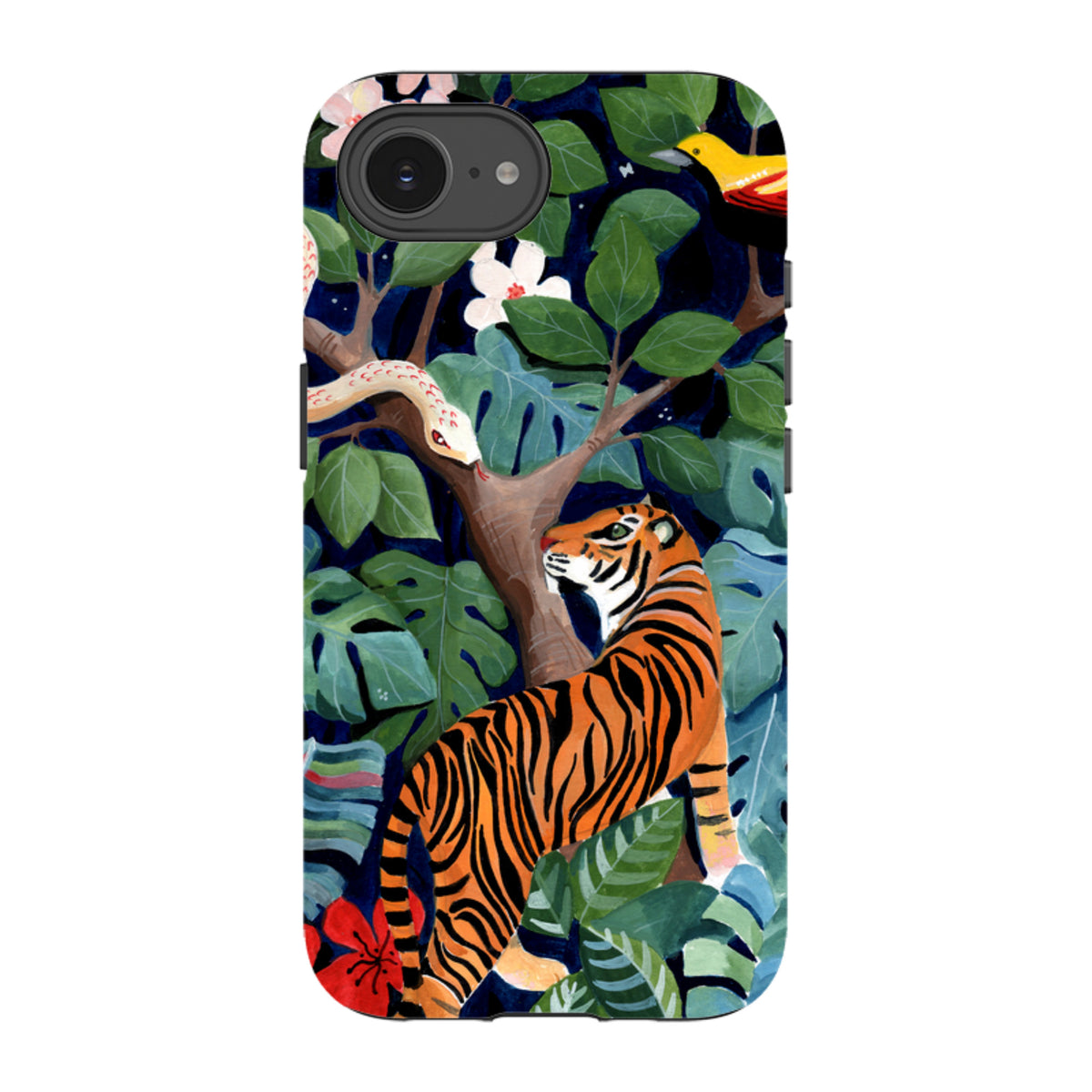 Dual-layer iPhone tough case featuring a vibrant jungle scene with a tiger, snake, and tropical flowers by Bex Parkin.