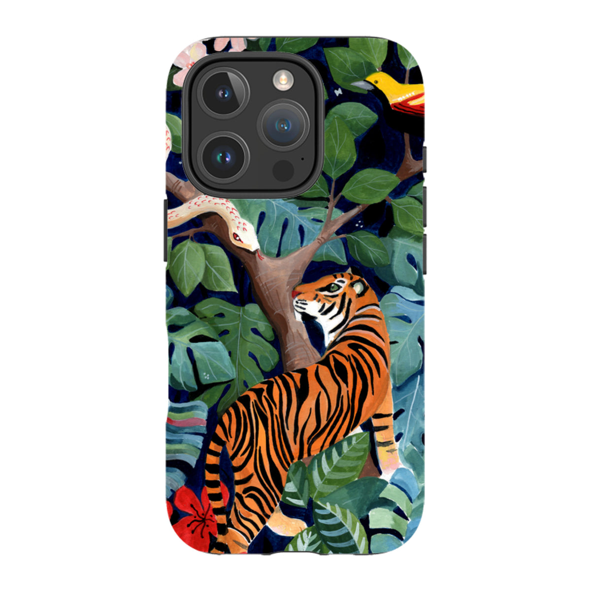 iPhone tough case featuring a vibrant jungle scene with a tiger, snake, and tropical foliage by Bex Parkin.