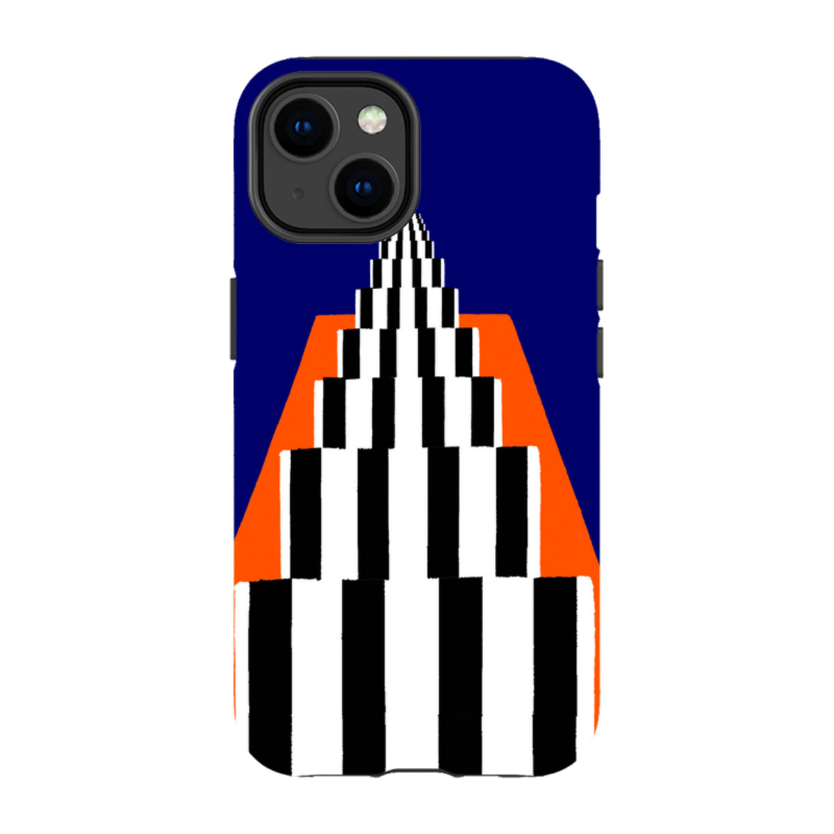 iPhone tough case featuring Paul Thurlby's Paris Stripes art with a black and white geometric pattern on a blue background.