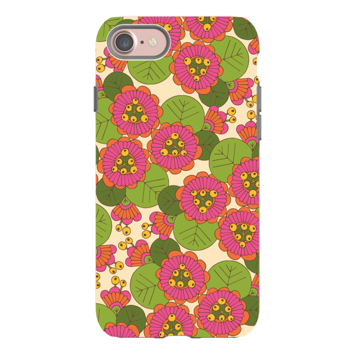iPhone tough case featuring a vibrant Passion Lilly floral pattern in pink, orange, and green on a cream background.