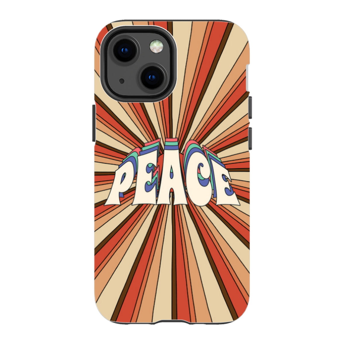 iPhone tough case with a retro 70s-style sunburst pattern in orange, brown, and cream featuring the word Peace.