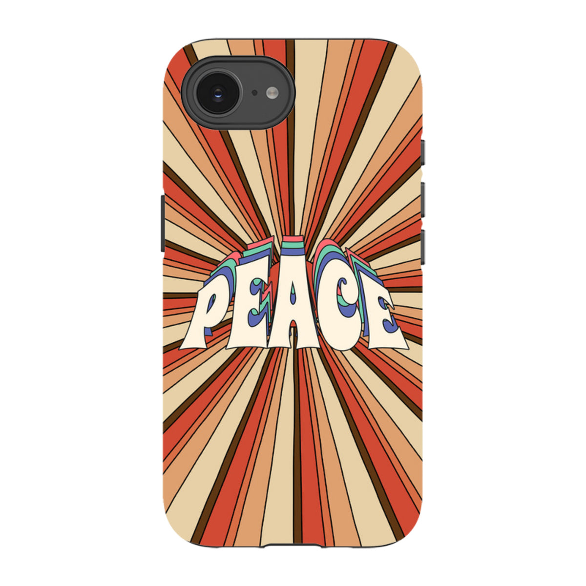 iPhone tough case with a retro 70s-style sunburst pattern in orange, brown, and cream with the word Peace in the center.