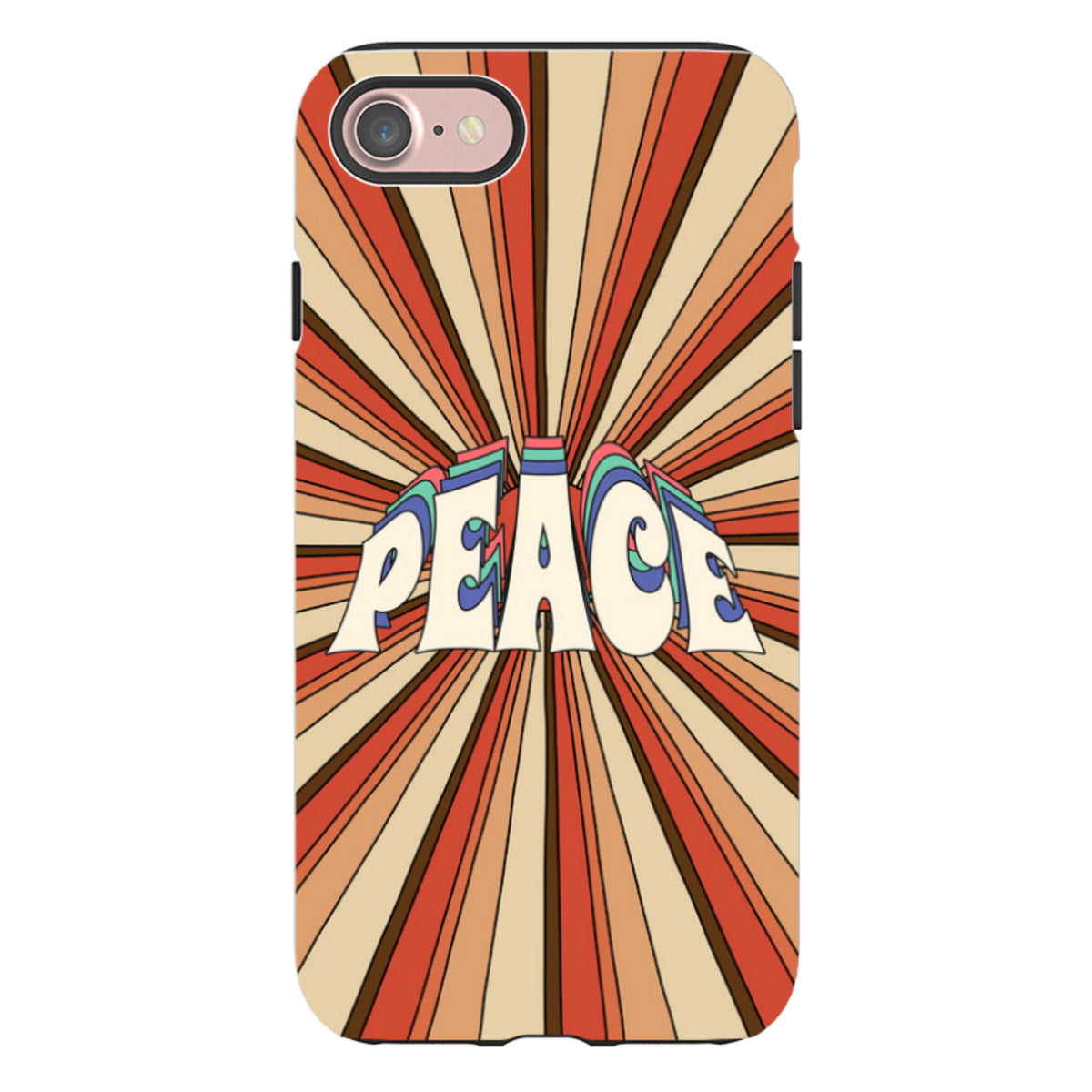 iPhone tough case with retro Peace typography over a vibrant orange and beige sunburst pattern.