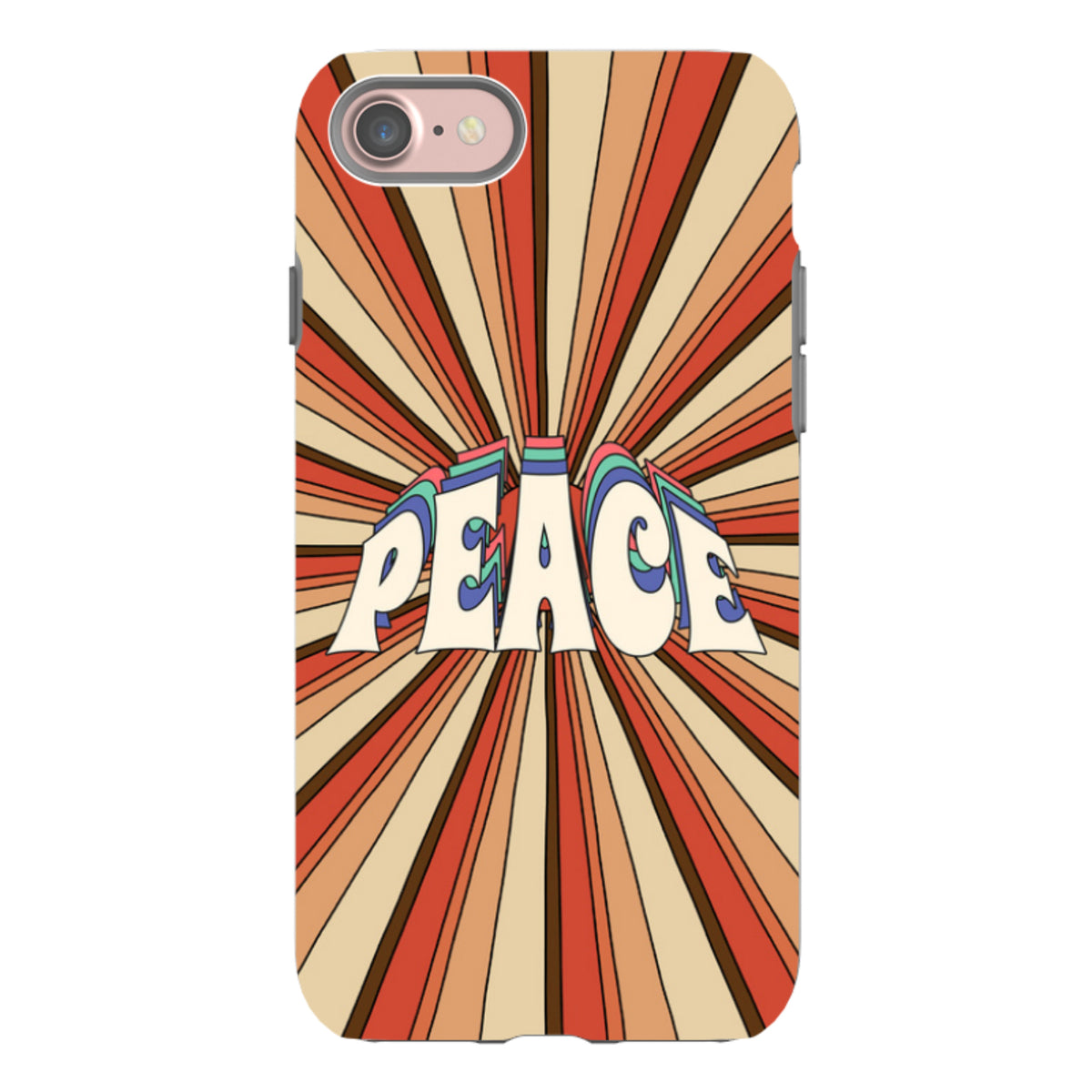 Dual-layer iPhone tough case featuring a retro Peace design with orange and brown sunburst rays.