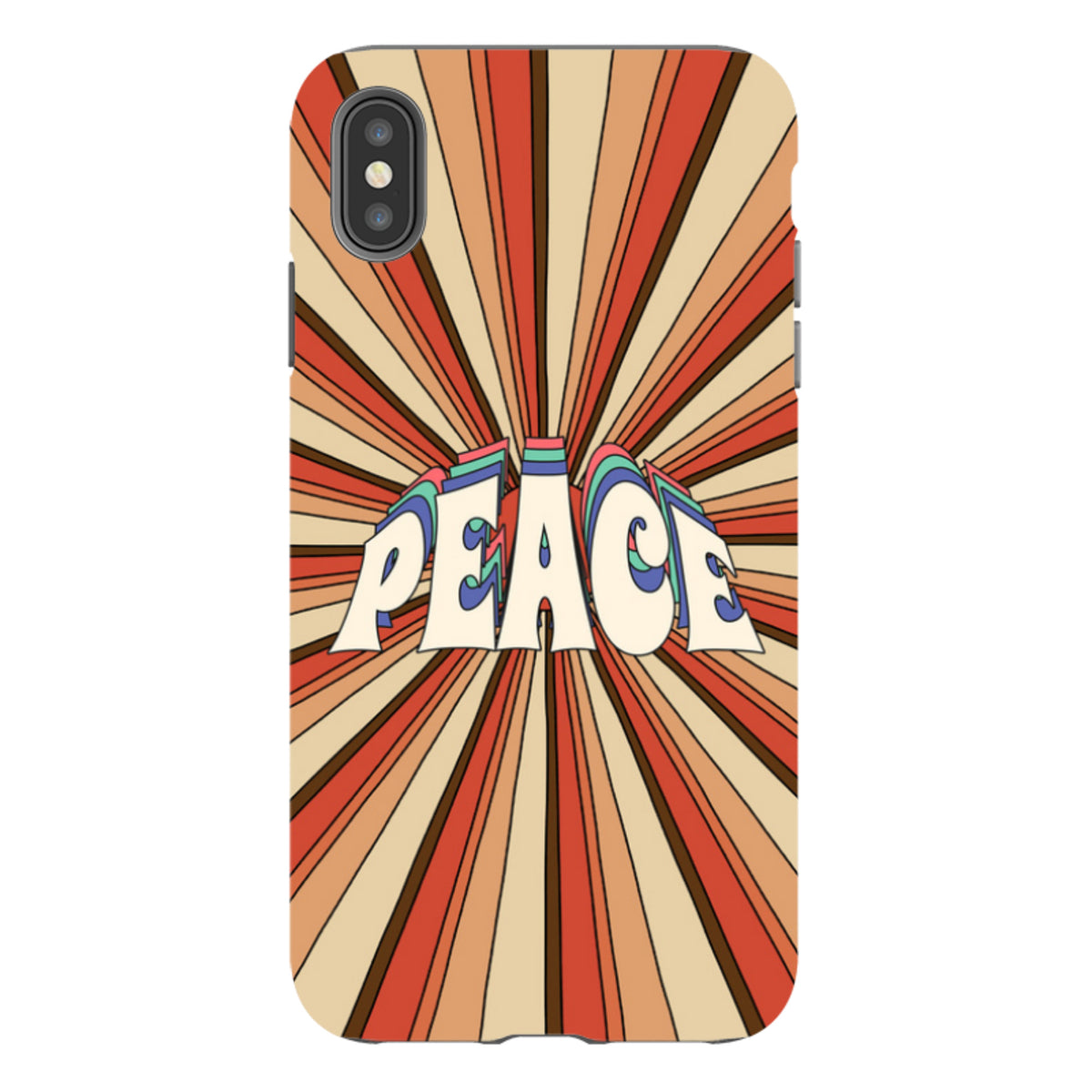 iPhone tough case with a retro 70s-style sunburst pattern in orange, red, and beige featuring the word Peace in the center.