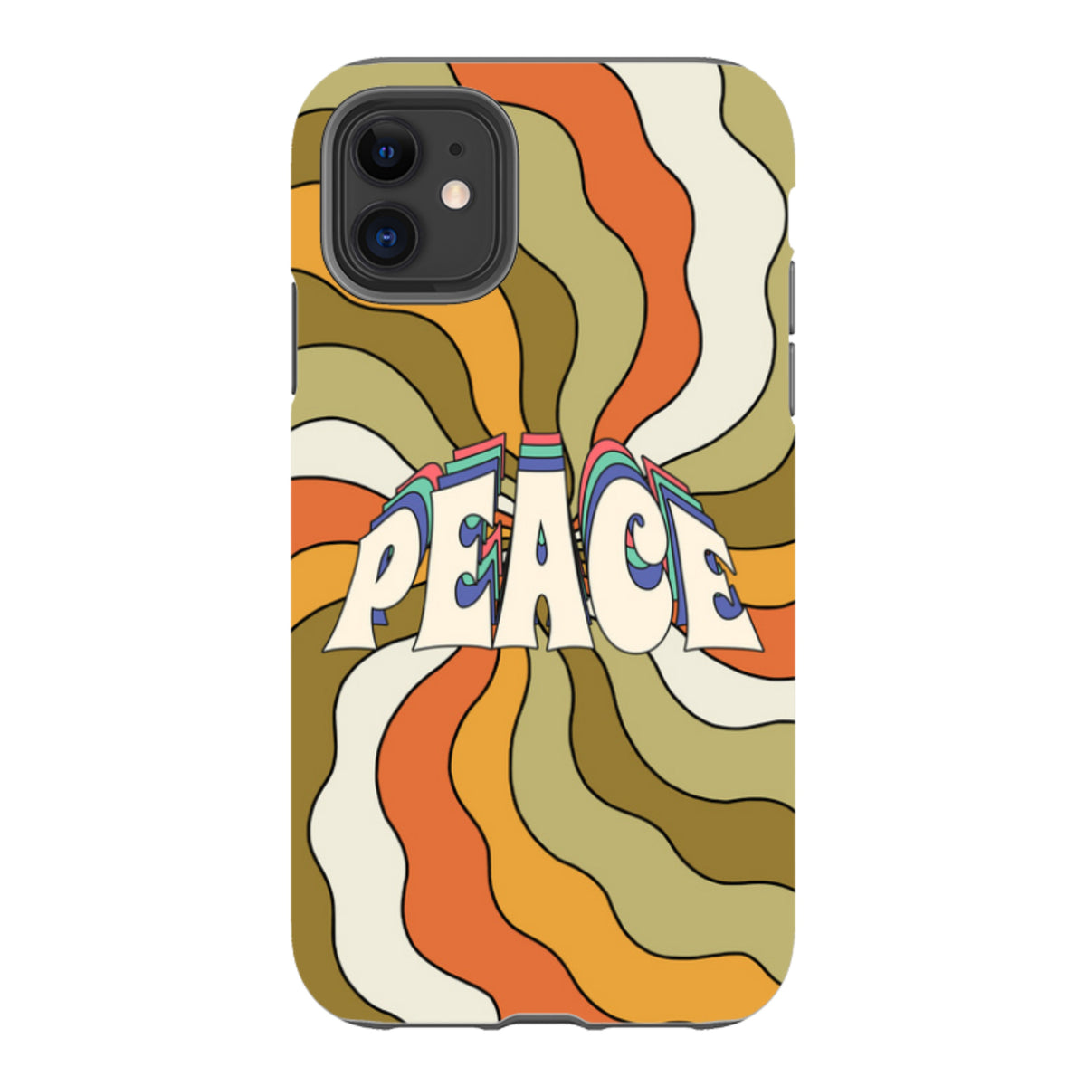 iPhone tough case with a retro 70s-style wavy orange, brown, and cream swirl pattern featuring the word PEACE.