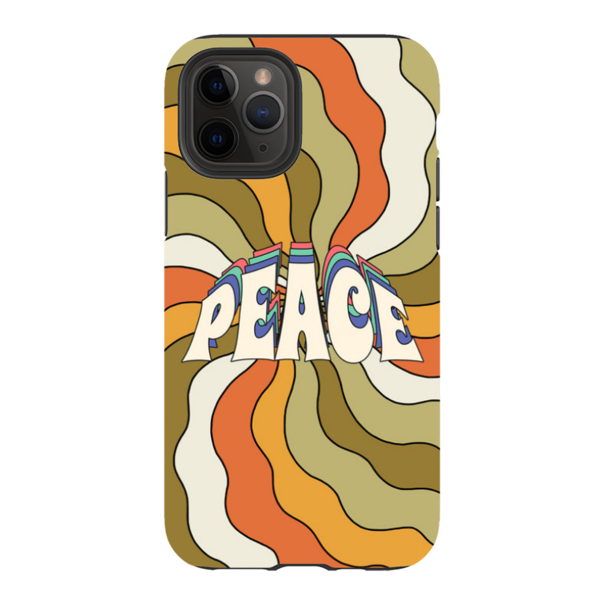Dual-layer iPhone tough case featuring a retro 70s-style wavy orange, olive, and cream swirl pattern with Peace text.