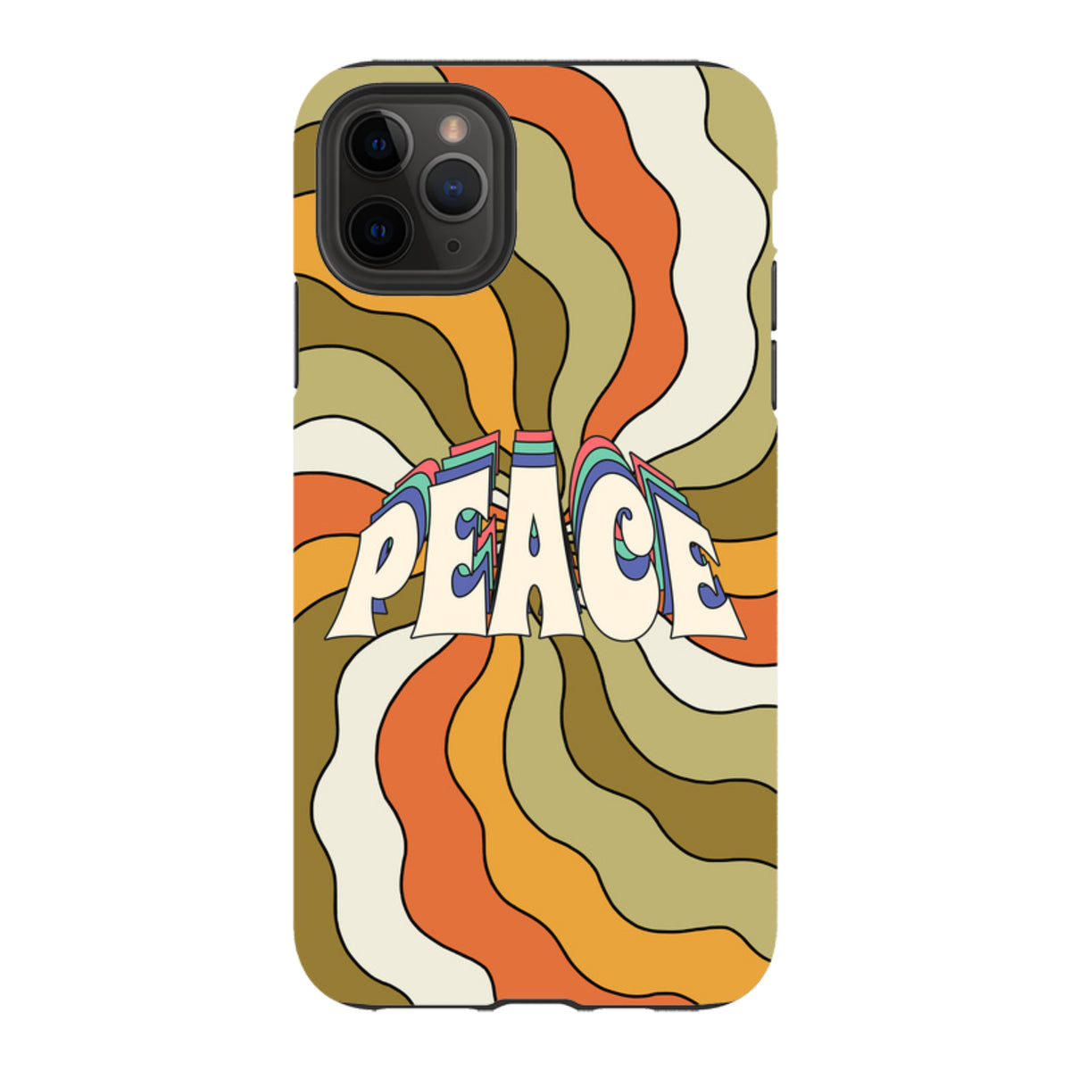 iPhone tough case featuring a retro 70s-style orange and olive green wavy swirl pattern with a central Peace graphic.