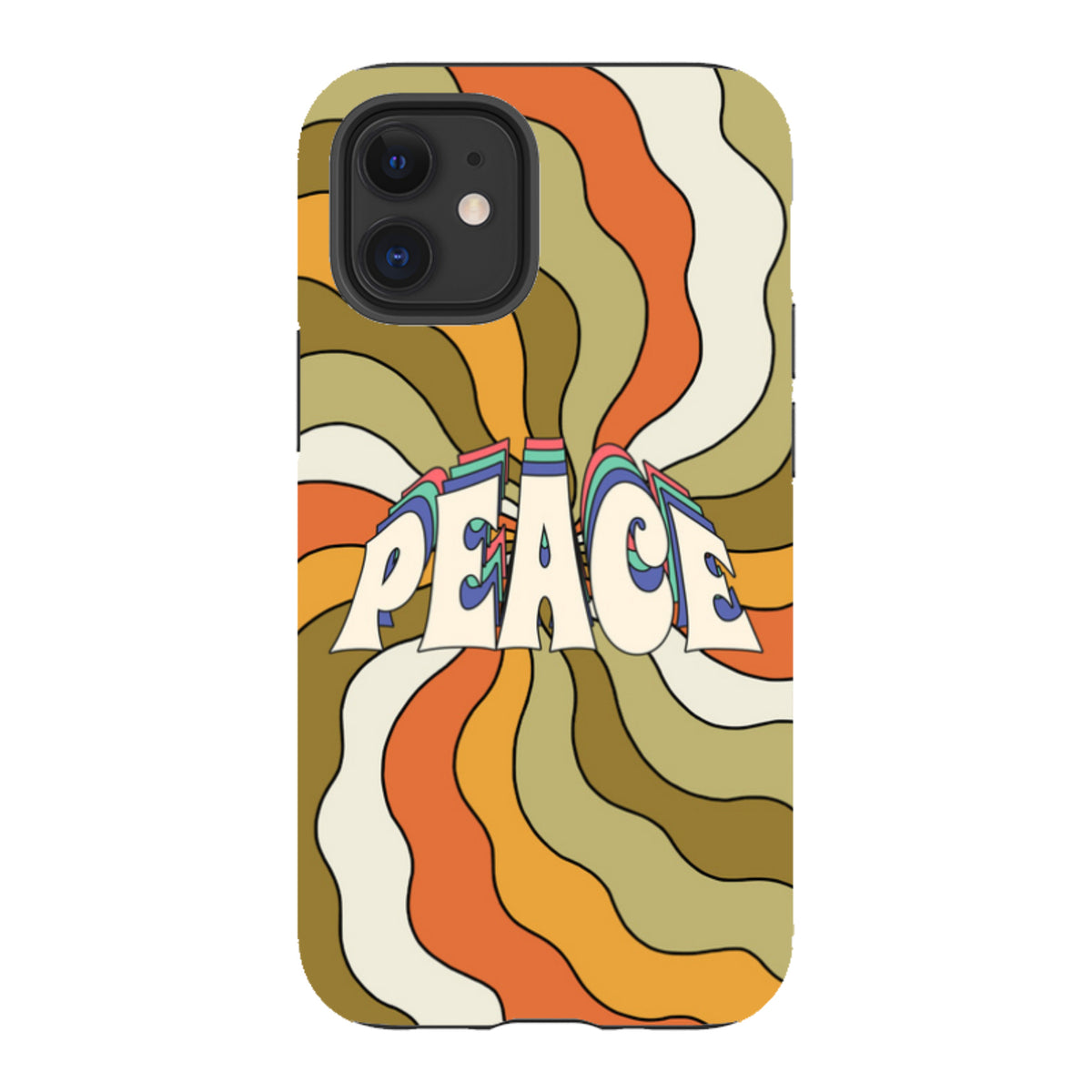 iPhone tough case with a retro 70s-style wavy orange, olive, and cream swirl pattern and bold Peace text.