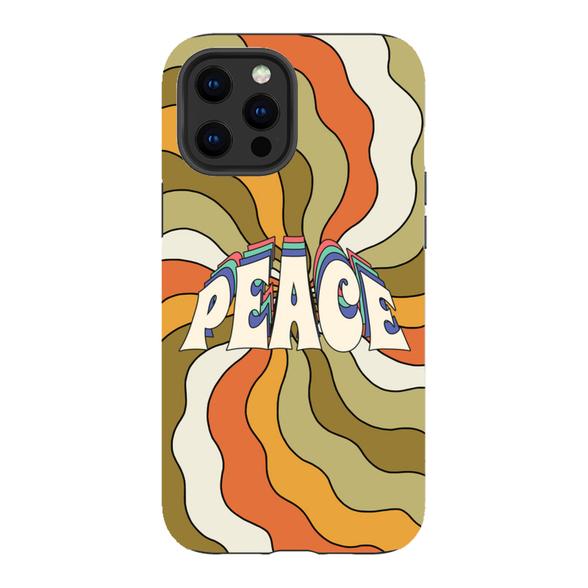 Dual-layer iPhone case with a retro 70s wavy orange and olive green swirl pattern and the word Peace in bold text.
