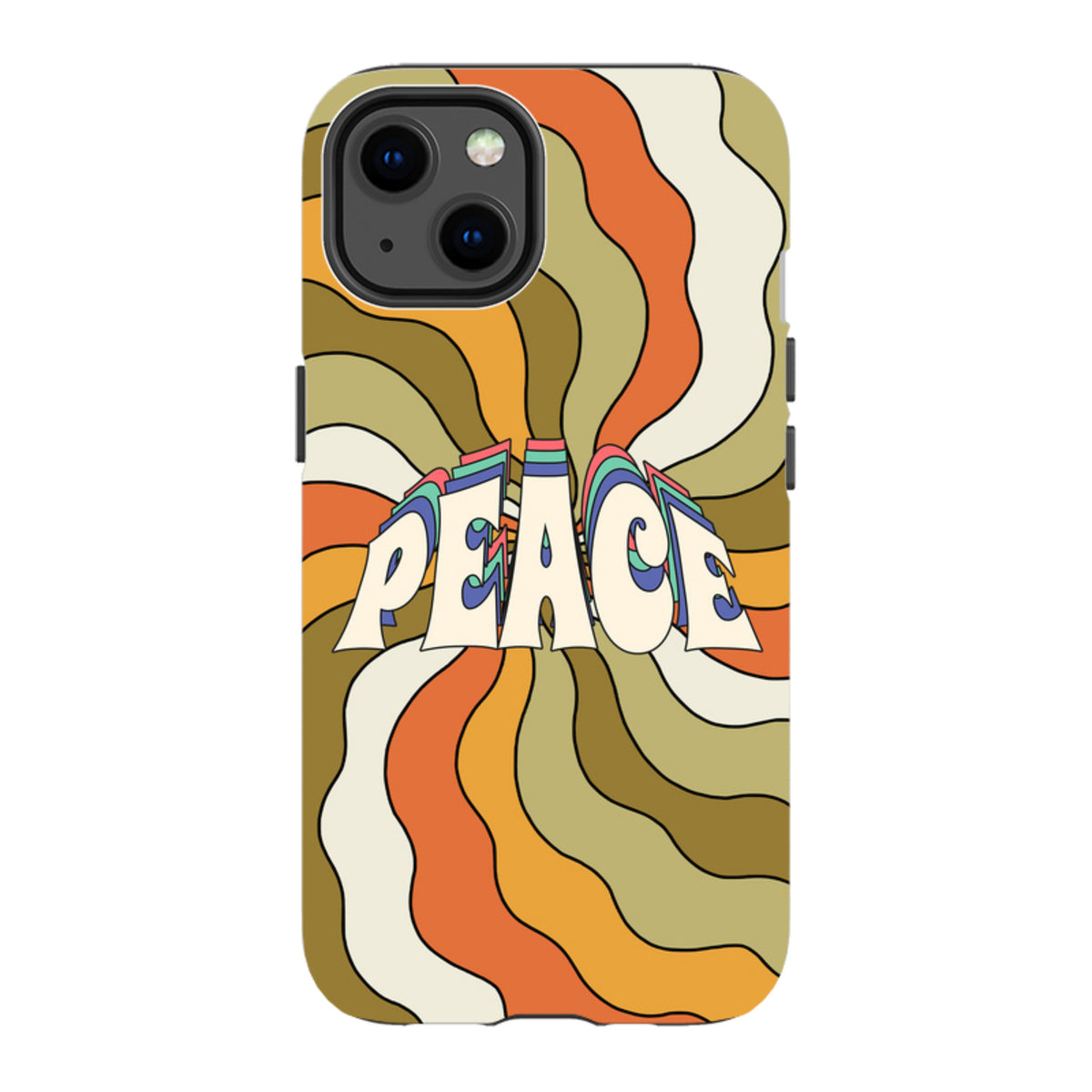 iPhone tough case featuring a retro 70s-style orange and olive green swirl pattern with the word Peace in the center.