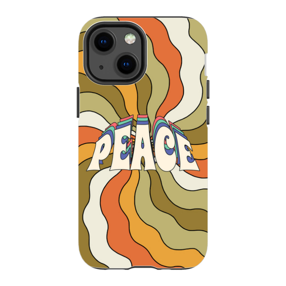 iPhone tough case with a retro 70s wavy orange and olive green sunburst pattern and the word Peace in bold font.