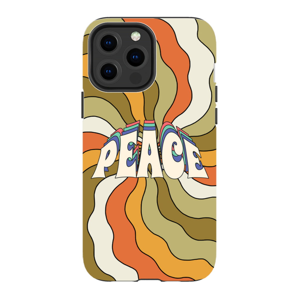 iPhone tough case with a retro 70s wavy orange and olive green sunburst pattern and the word Peace in bold text.
