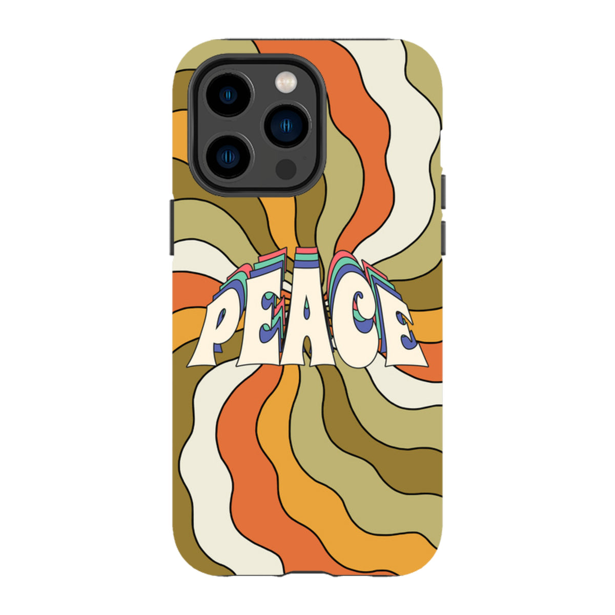 iPhone tough case with a retro 70s wavy pattern in orange, olive, and cream featuring the word Peace in bold lettering.