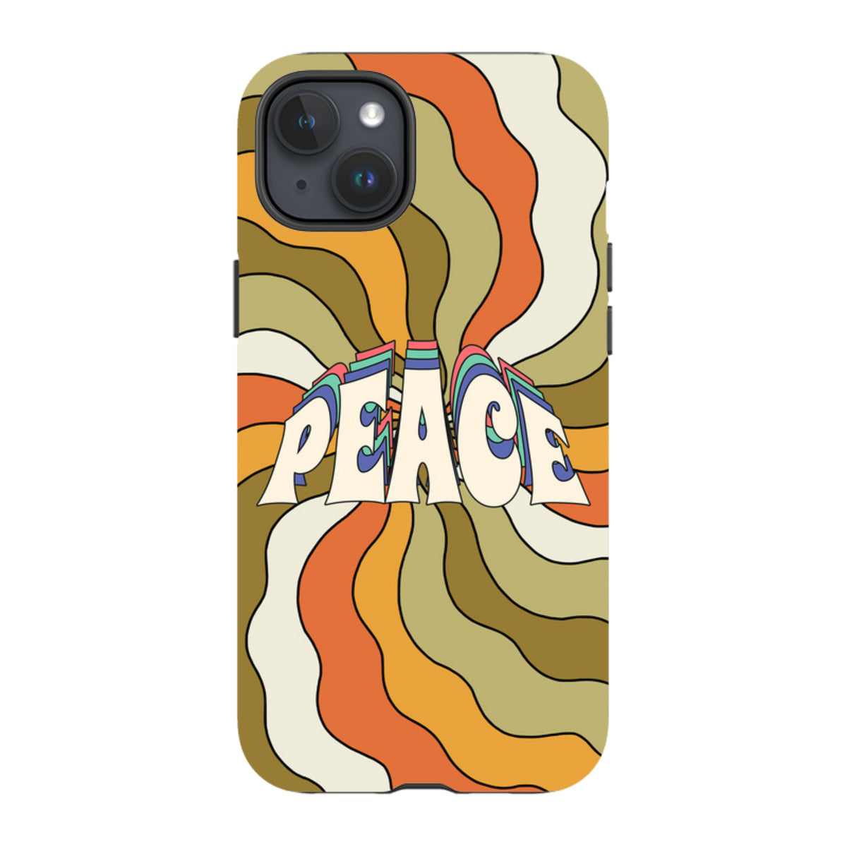 iPhone tough case with retro wavy orange, olive, and cream stripes and a bold Peace graphic in the center.