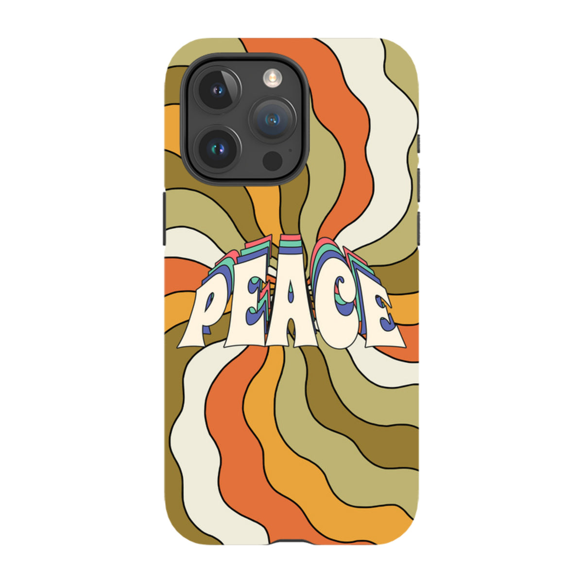 iPhone tough case with a retro 70s wavy orange and olive green pattern and a bold Peace graphic.