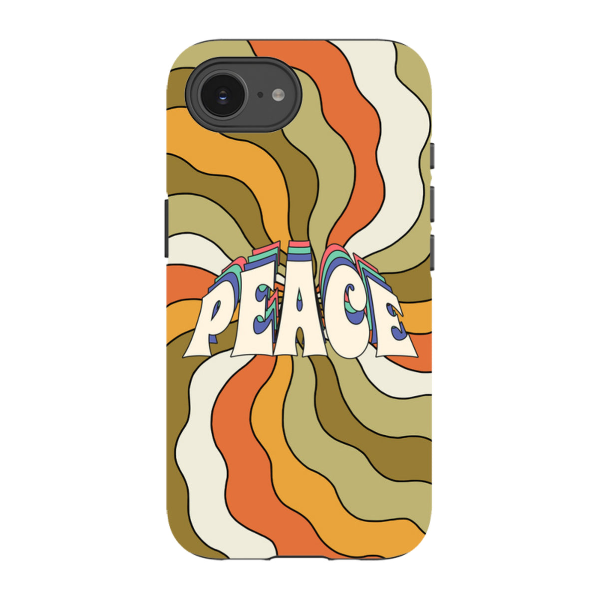 iPhone tough case featuring a retro 70s wavy pattern in orange, olive, and cream with a central Peace graphic.