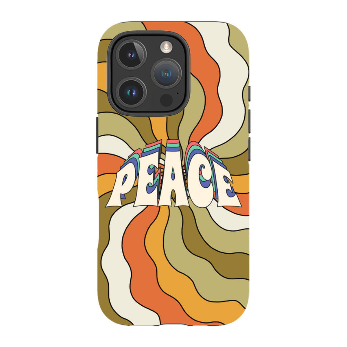 iPhone tough case with retro 70s wavy orange, olive, and cream stripes featuring a bold Peace graphic design.